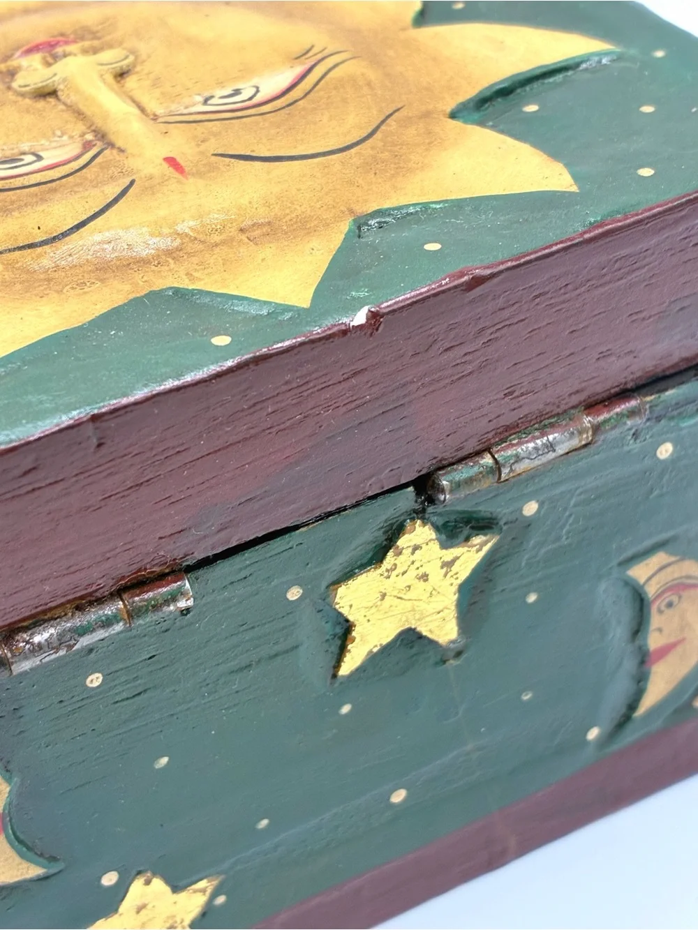 Vintage Folk Art Celestial Sun Moon Yin Yang Wooden Trinket Box